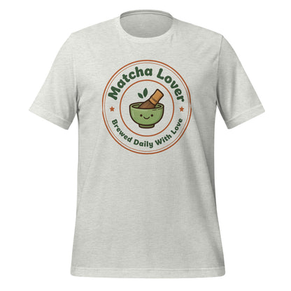 Matcha Lover retro café badge tee — Ash, front