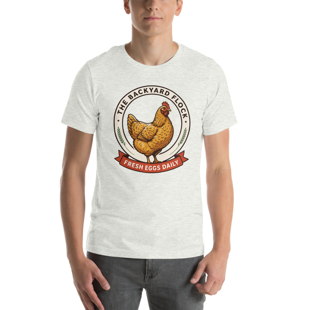 Backyard Flock heritage chicken keeper tee — Ash, on model