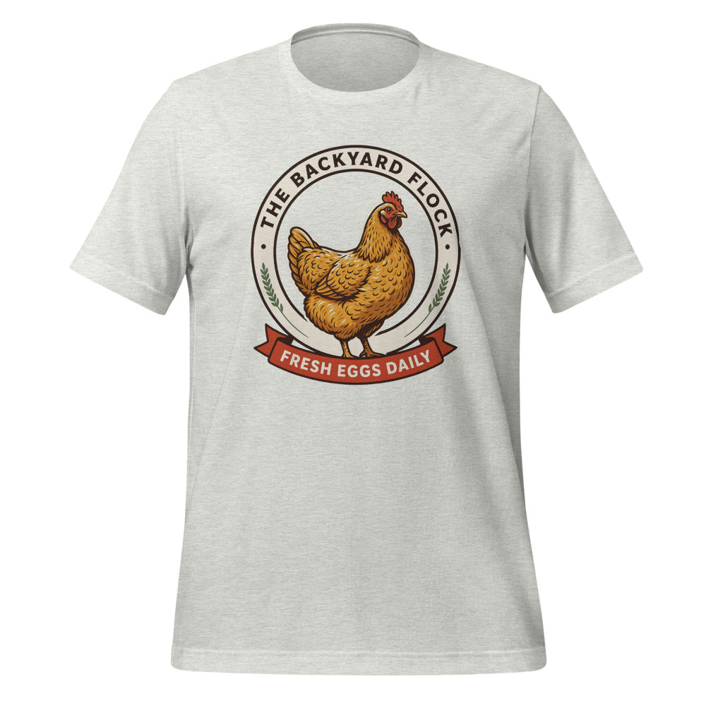 Backyard Flock heritage chicken keeper tee — Ash, front