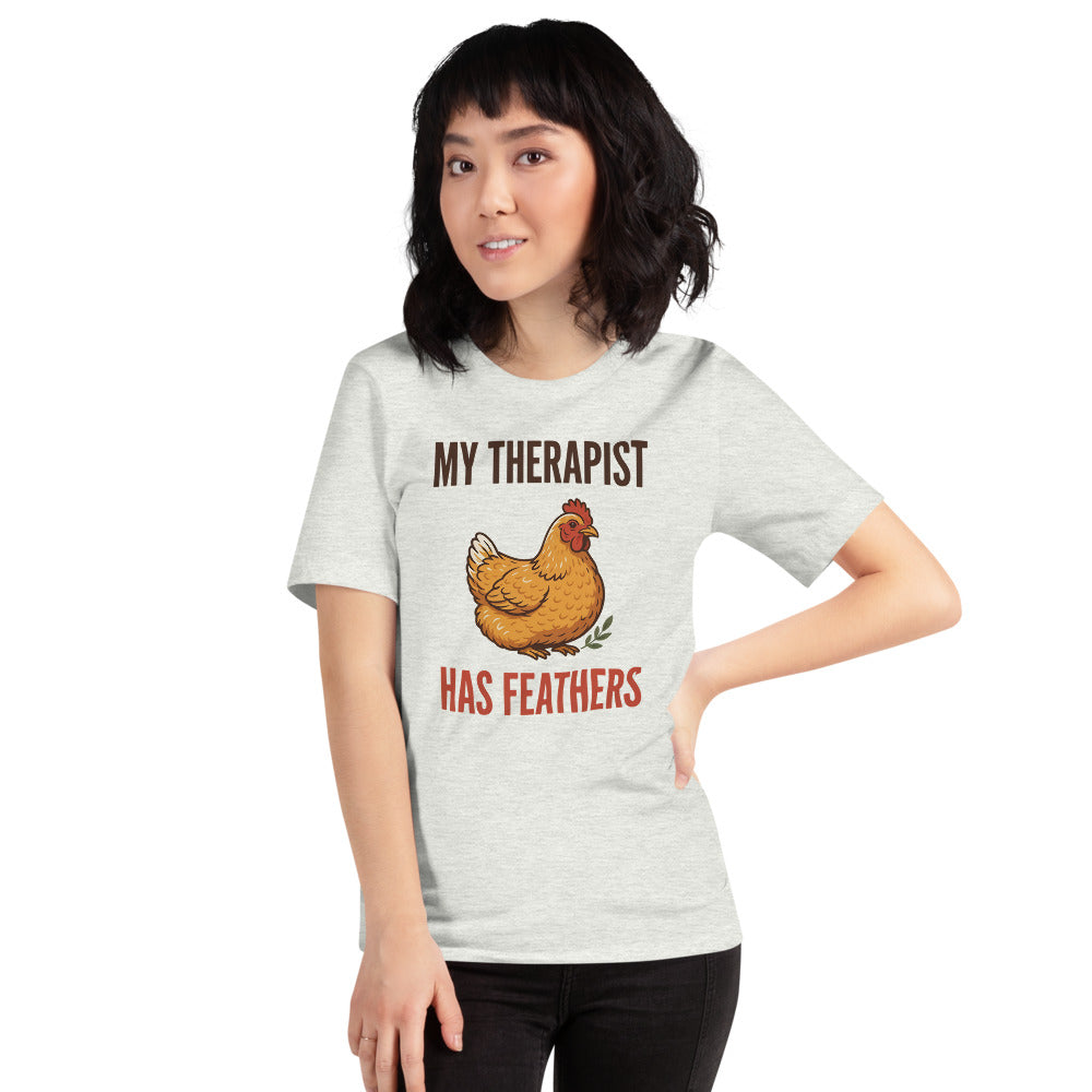 My Therapist Has Feathers funny chicken keeper tee — Ash, on model