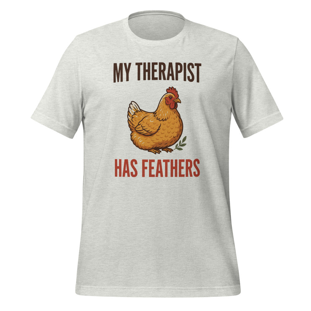 My Therapist Has Feathers funny chicken keeper tee — Ash, front