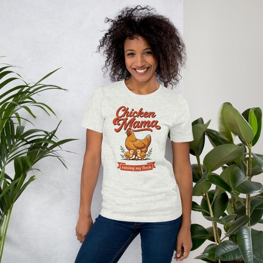 Chicken Mama raising my flock chicken keeper tee — Ash, on model