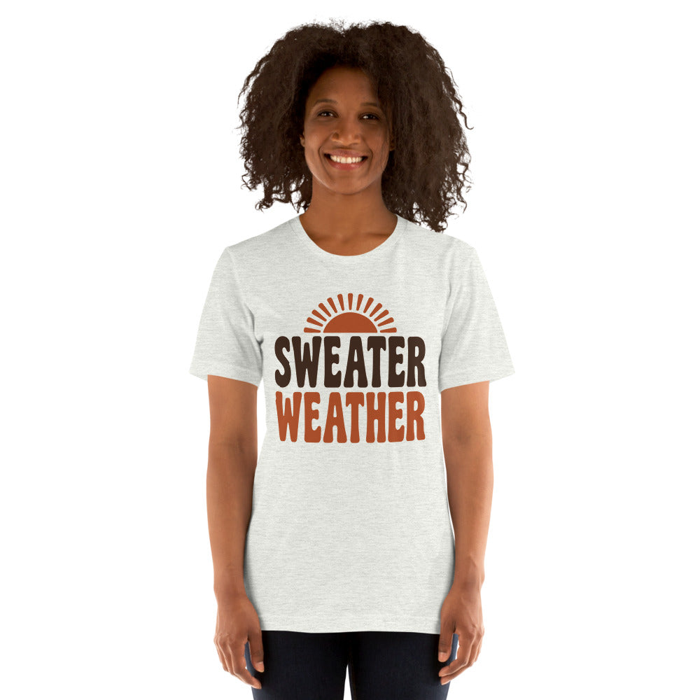 Sweater Weather retro 70s fall t-shirt — Ash, on model