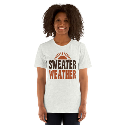 Sweater Weather retro 70s fall t-shirt — Ash, on model