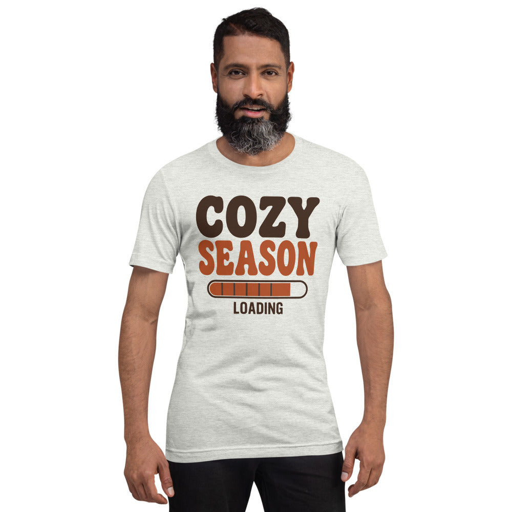 Cozy Season Loading retro 70s fall t-shirt — Ash, on model