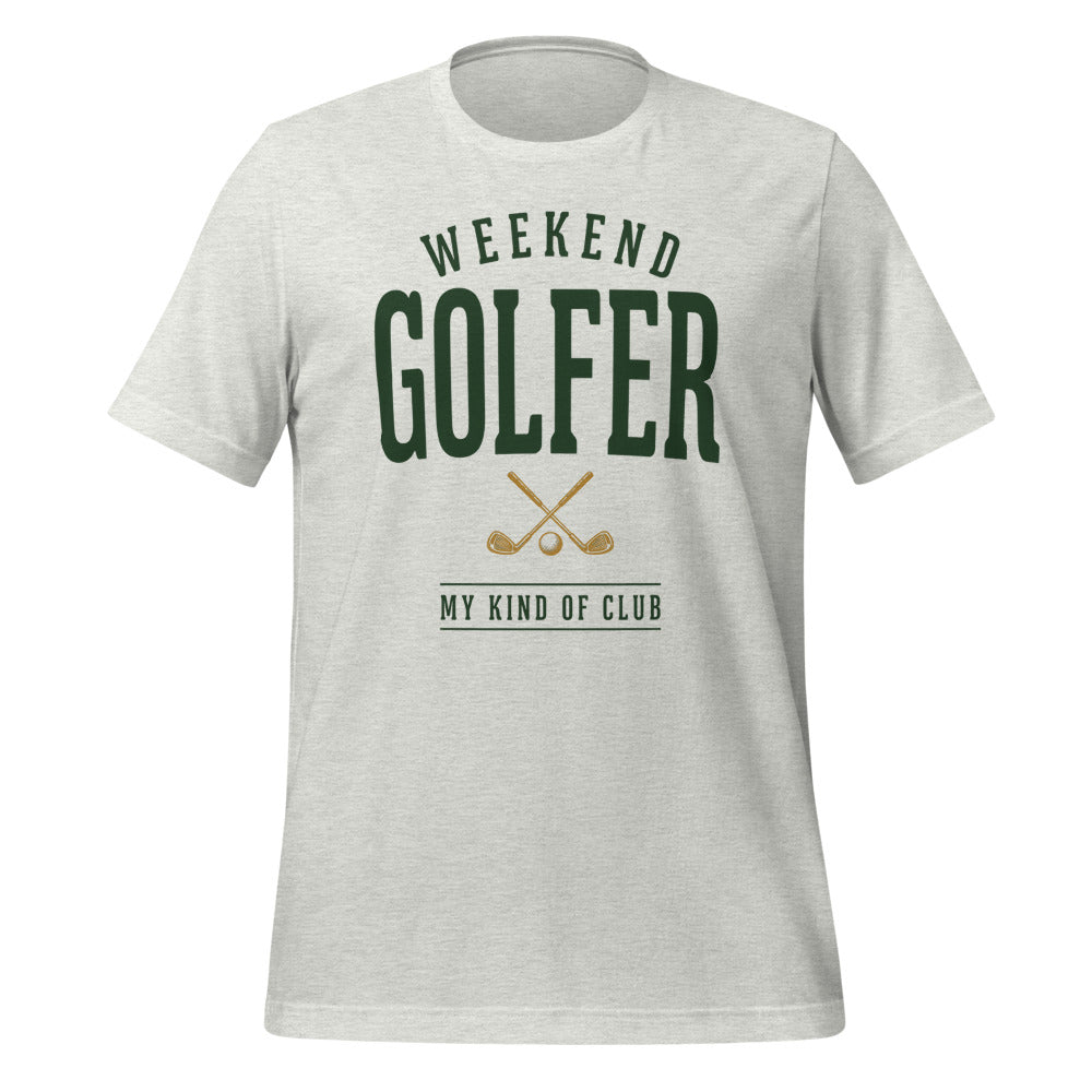Weekend Golfer vintage golf wordmark tee — Ash, front