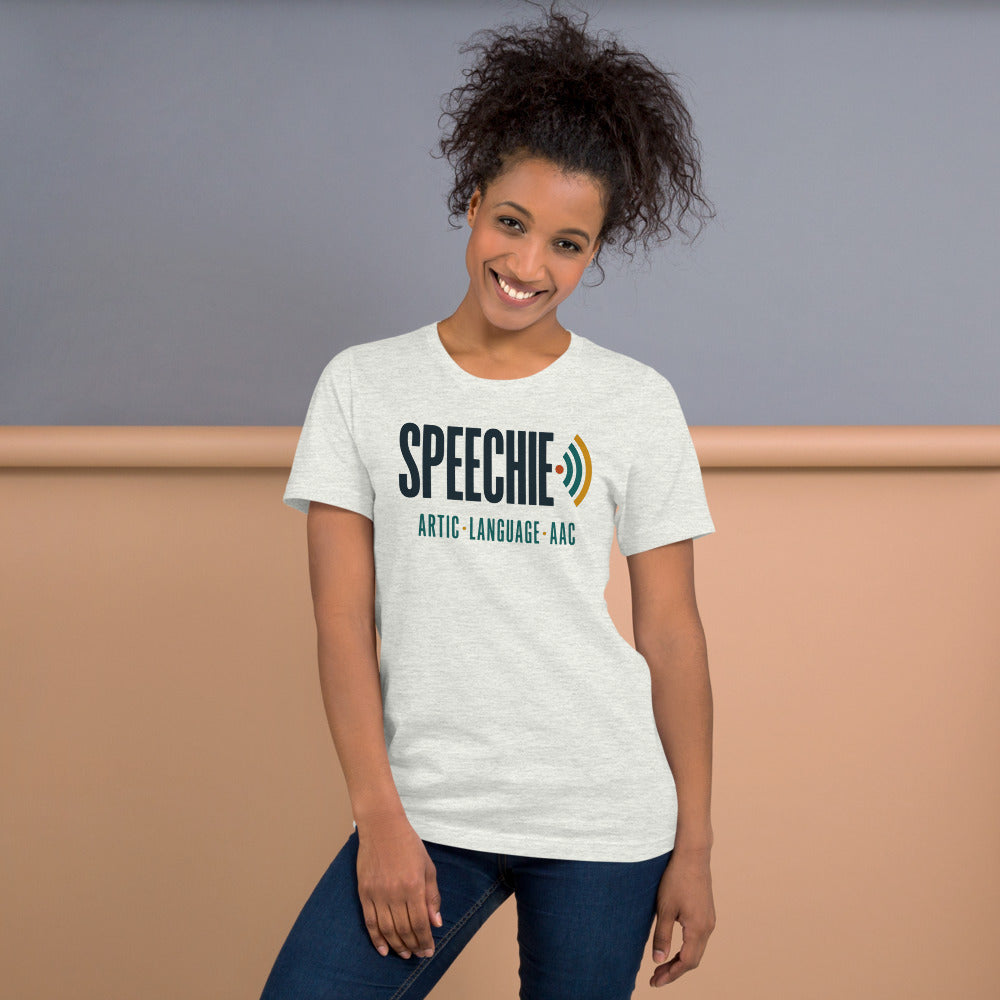 Speechie Wordmark speech therapy tee — Ash, on model