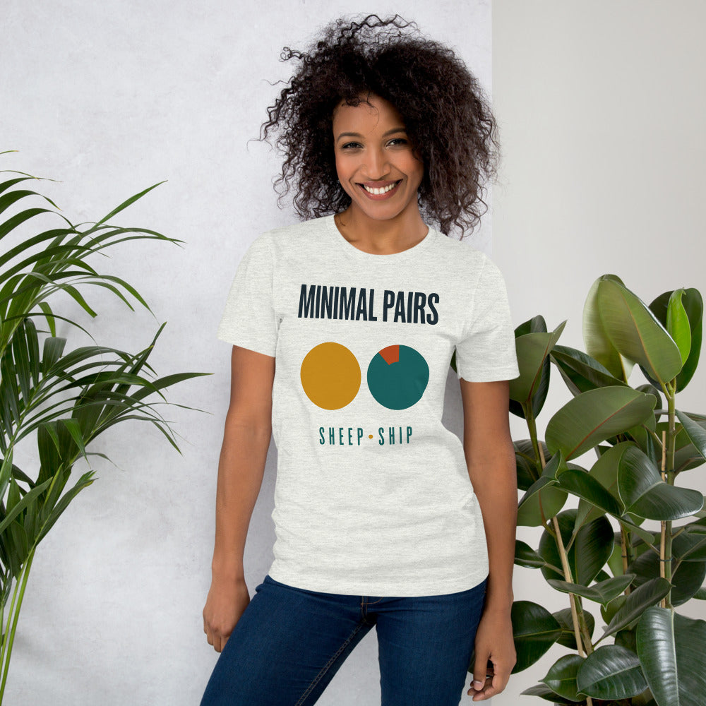Minimal Pairs speech therapy tee — Ash, on model