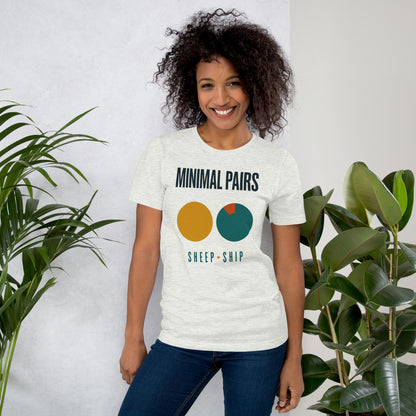 Minimal Pairs speech therapy tee — Ash, on model