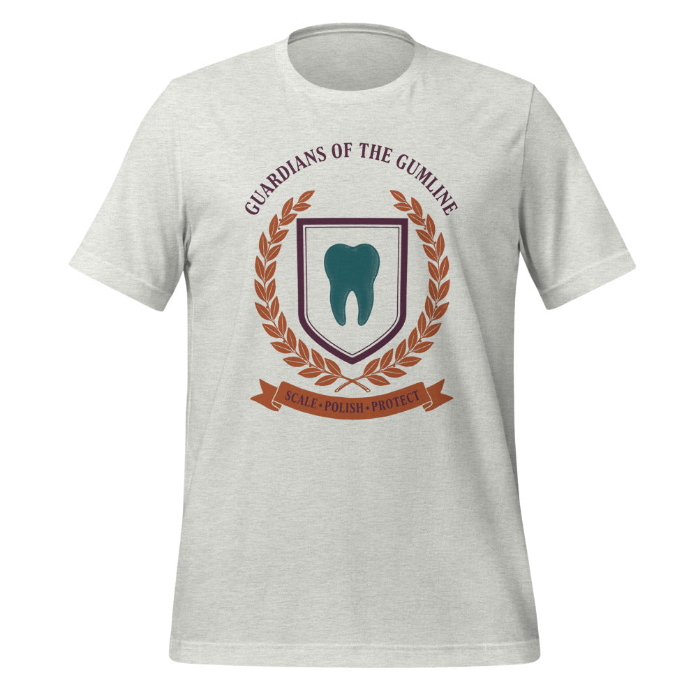 Guardians of the Gumline dental hygienist tee — Ash, front