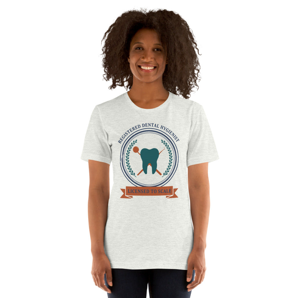 Licensed to Scale registered dental hygienist tee — Ash, on model