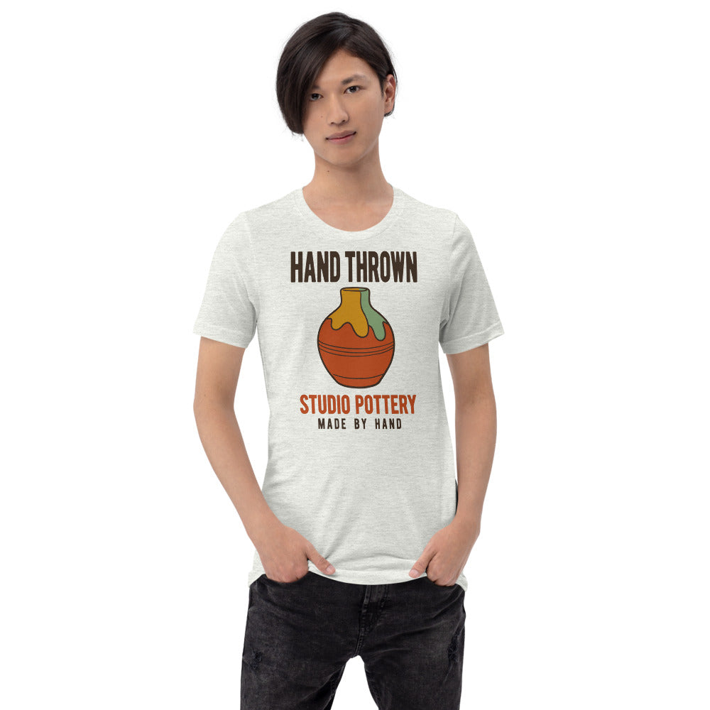 Hand Thrown Studio Pottery retro poster t-shirt — Ash, on model