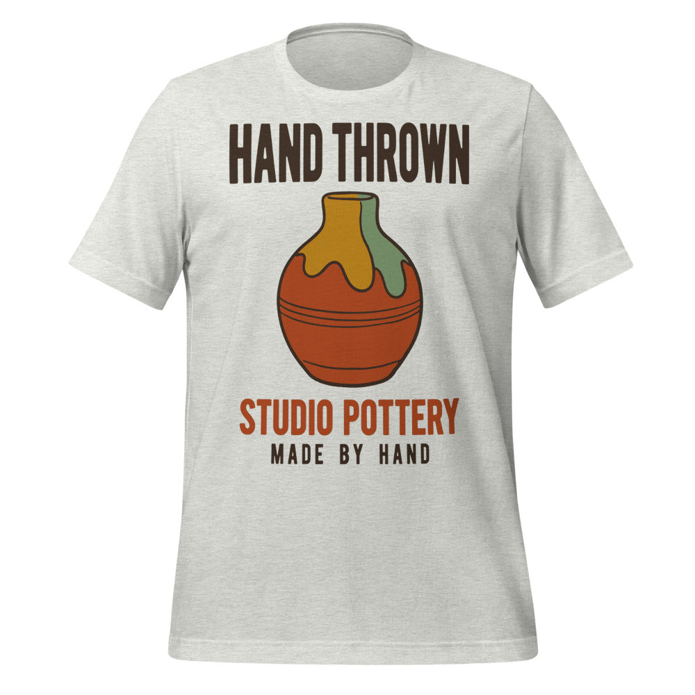 Hand Thrown Studio Pottery retro poster t-shirt — Ash, front