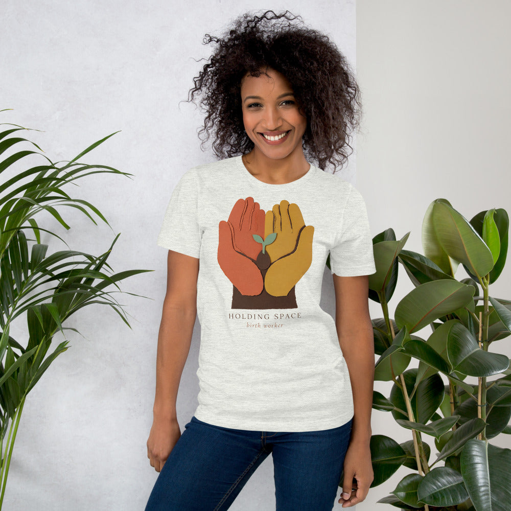 Holding Space birth worker doula t-shirt — Ash, on model