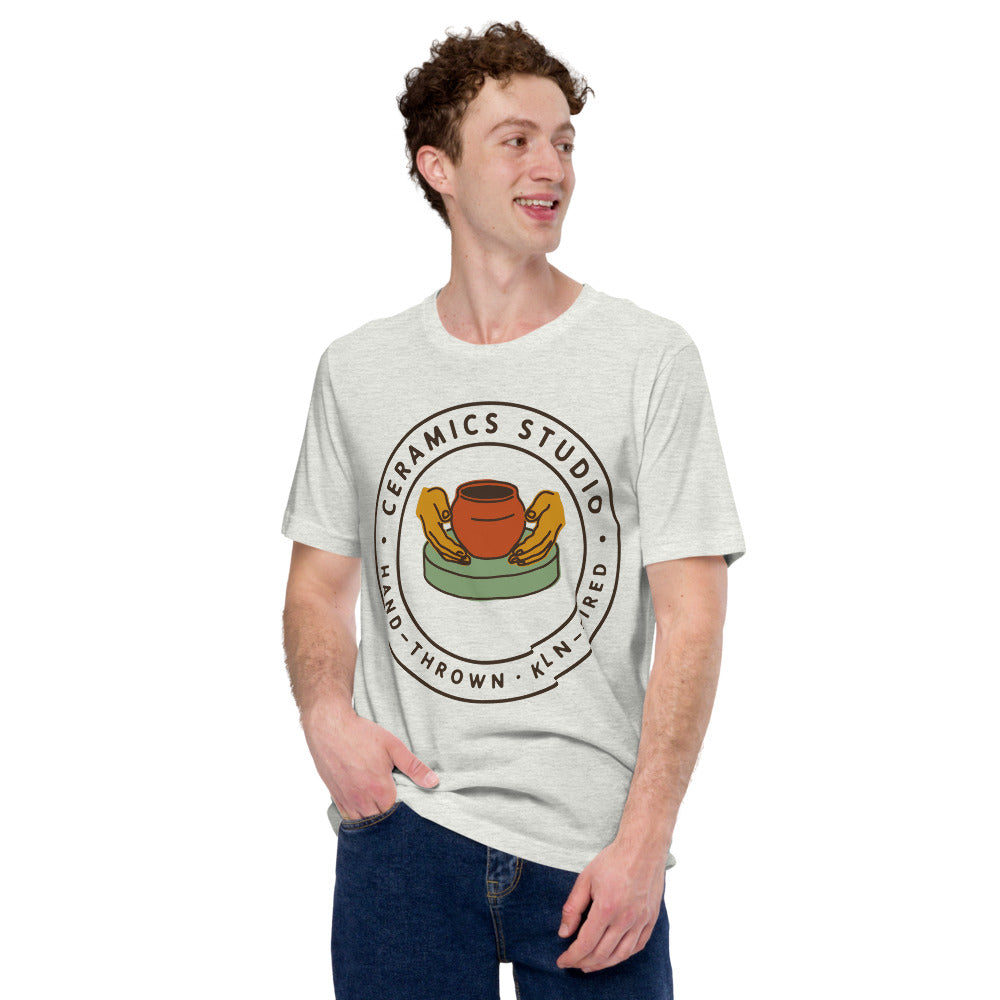 Ceramics Studio Badge hand-thrown pottery t-shirt — Ash, on model
