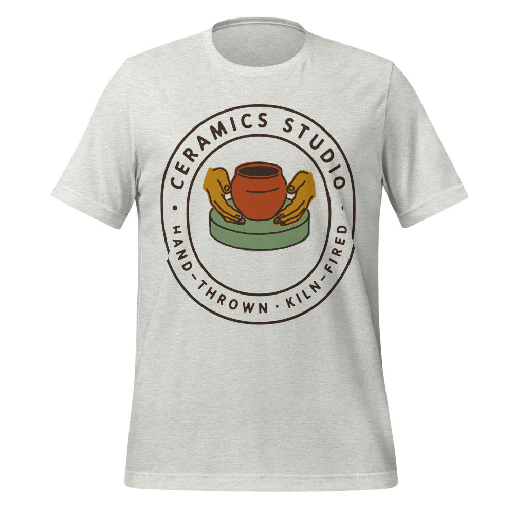 Ceramics Studio Badge hand-thrown pottery t-shirt — Ash, front