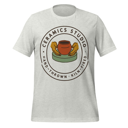 Ceramics Studio Badge hand-thrown pottery t-shirt — Ash, front
