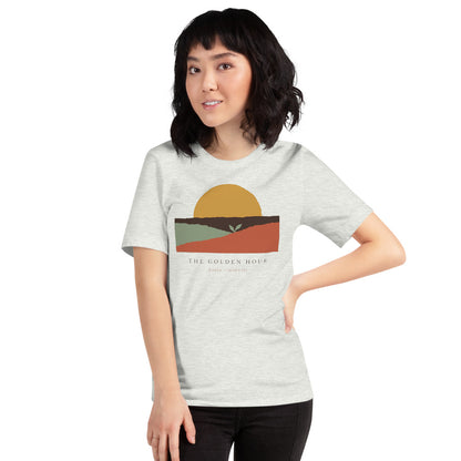 The Golden Hour birth worker doula t-shirt — Ash, on model