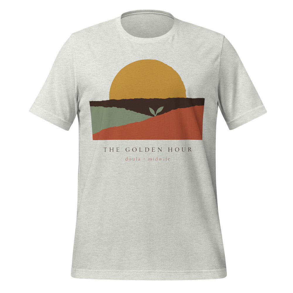 The Golden Hour birth worker doula t-shirt — Ash, front