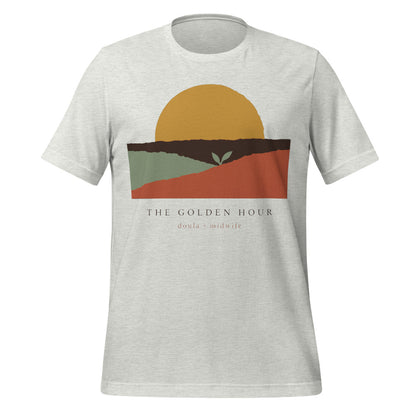 The Golden Hour birth worker doula t-shirt — Ash, front
