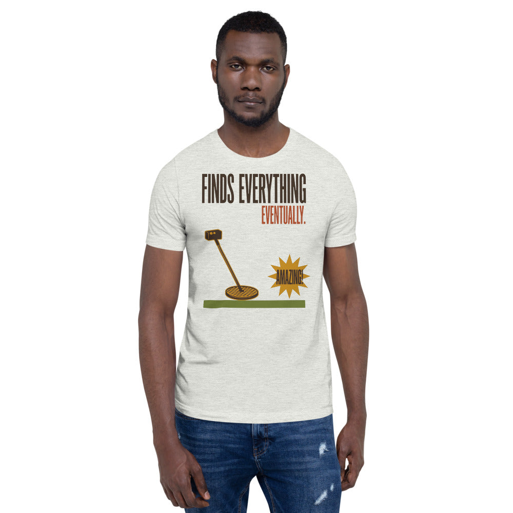 Finds Everything Eventually retro metal detecting tee — Ash, on model