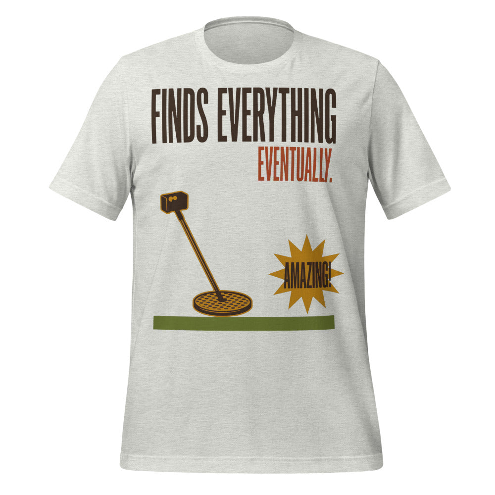 Finds Everything Eventually retro metal detecting tee — Ash, front
