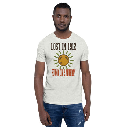 Lost in 1912 Found on Saturday retro metal detecting tee — Ash, on model