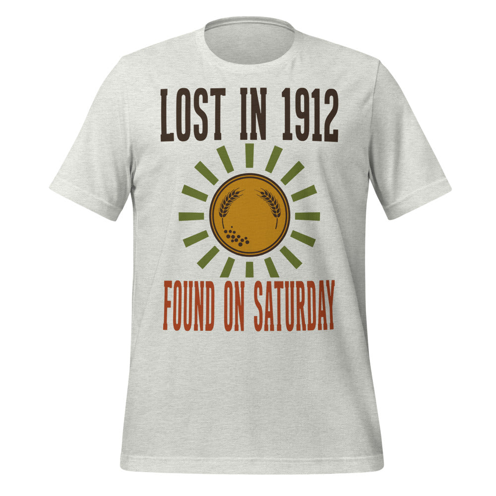 Lost in 1912 Found on Saturday retro metal detecting tee — Ash, front