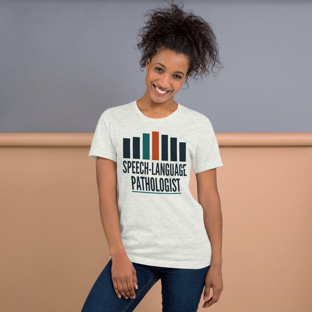 Mid-Century Clinic speech therapy tee — Ash, on model