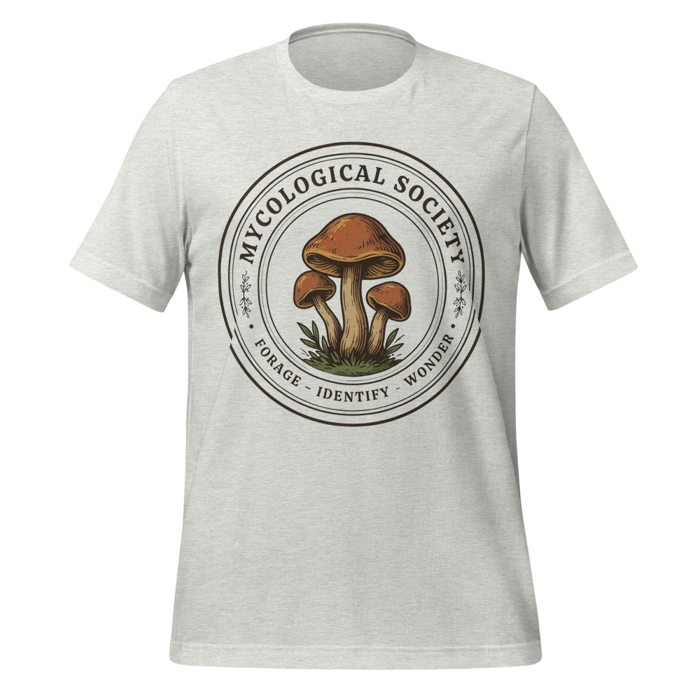 Mushroom Foraging Mycological Society vintage botanical tee — Ash, front