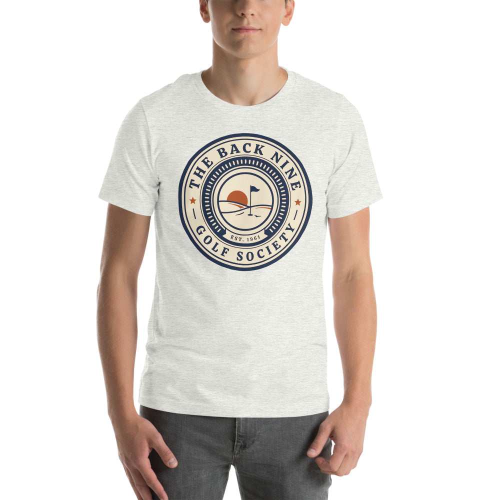The Back Nine vintage golf roundel tee — Ash, on model