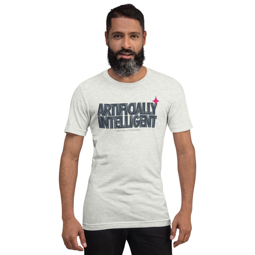 Artificially Intelligent funny AI t-shirt — Ash, on model