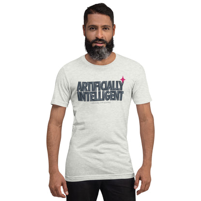 Artificially Intelligent funny AI t-shirt — Ash, on model