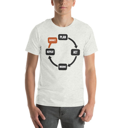 Plan Act Observe Repeat tee — Ash, on model