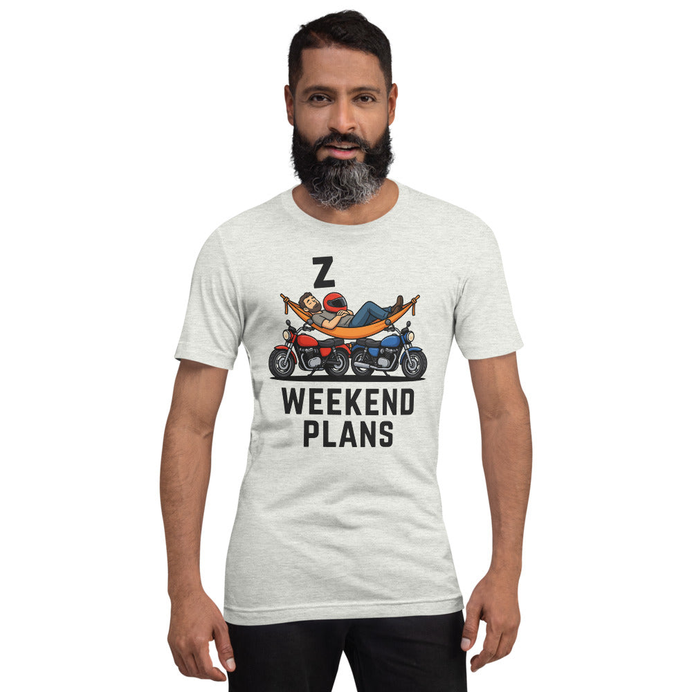 Weekend Plans funny motorcycle dad tee — Ash, on model