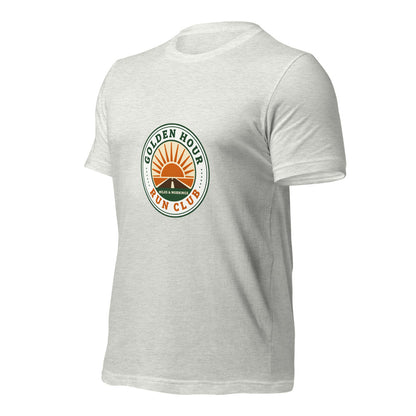 Golden Hour Run Club retro running tee — Ash, front-right
