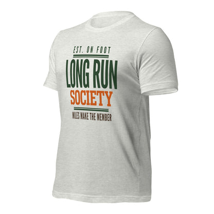 Long Run Society retro running tee — Ash, front-right