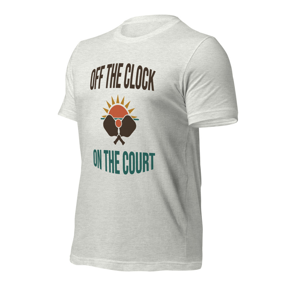 Off The Clock On The Court retro pickleball tee — Ash, side