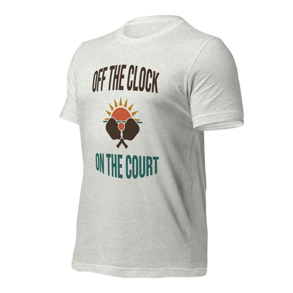 Off The Clock On The Court retro pickleball tee — Ash, side