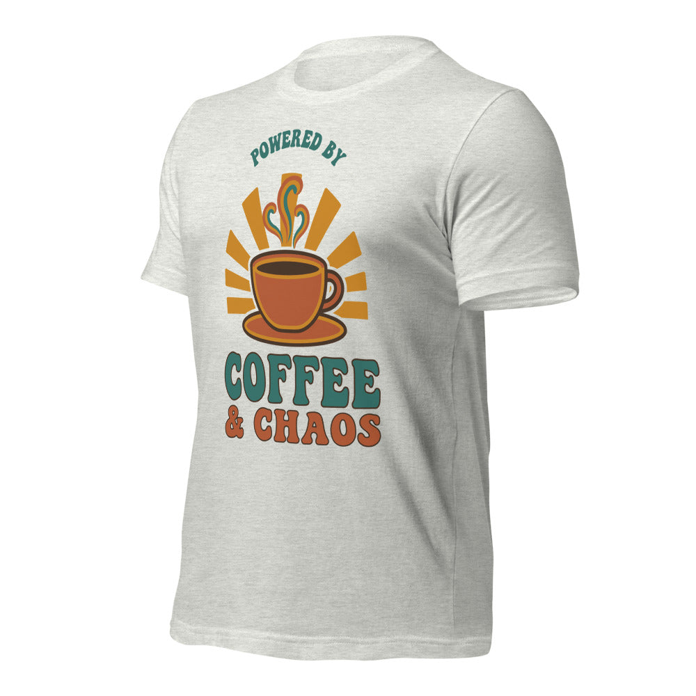 Powered By Coffee And Chaos retro groovy teacher tee — Ash, front right angle