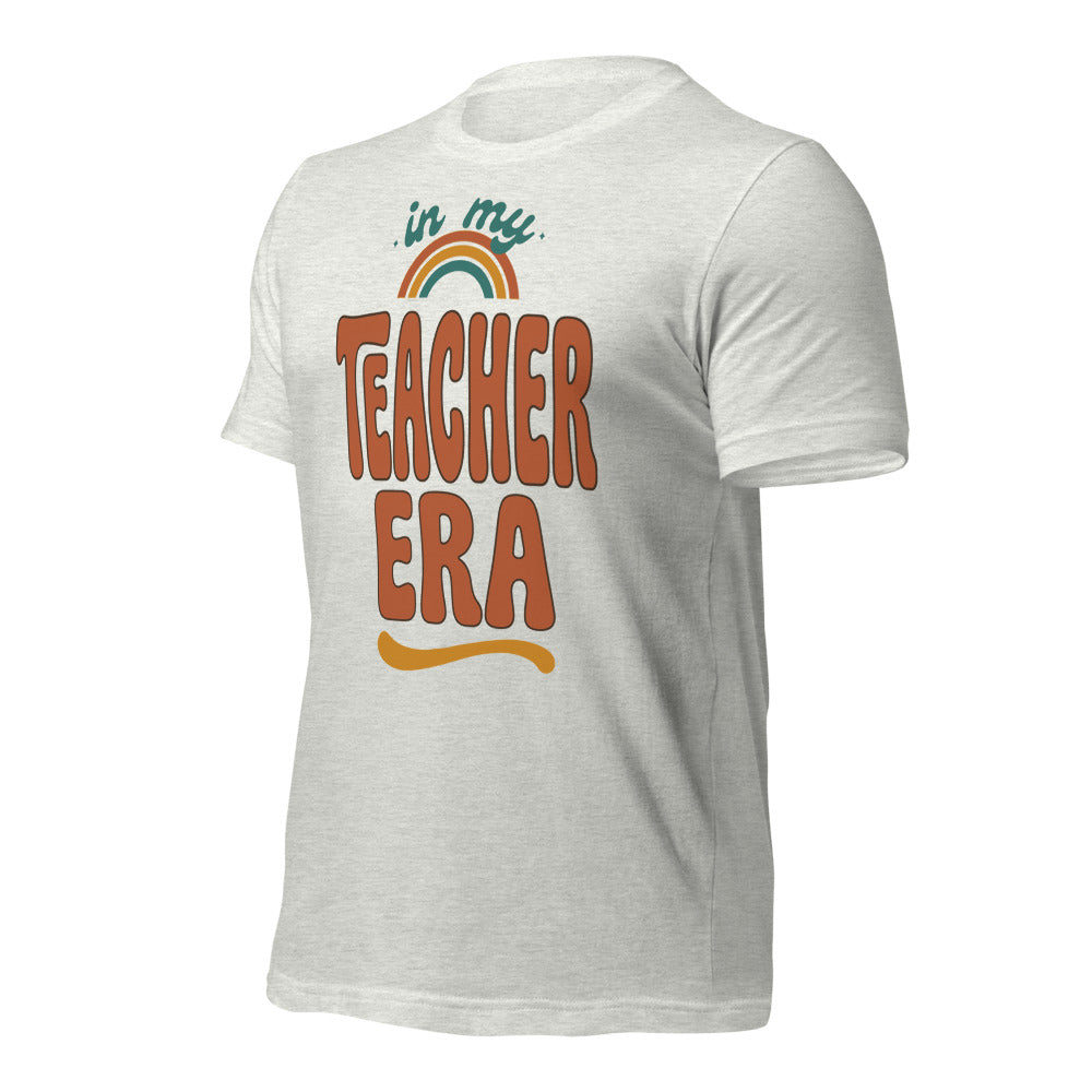 In My Teacher Era retro groovy teacher tee — Ash, front right