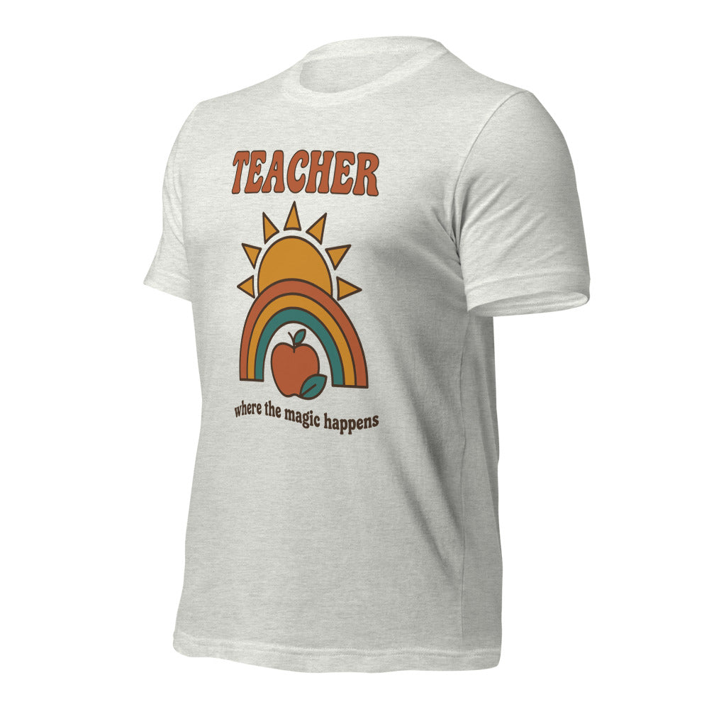 Teacher Where The Magic Happens retro groovy teacher tee — Ash, front angle