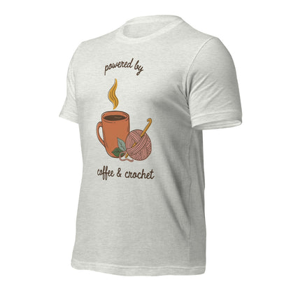 Powered by Coffee and Crochet cottagecore crochet tee — Ash, front right