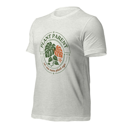 Plant Parent retro botanical badge tee — Ash, front right