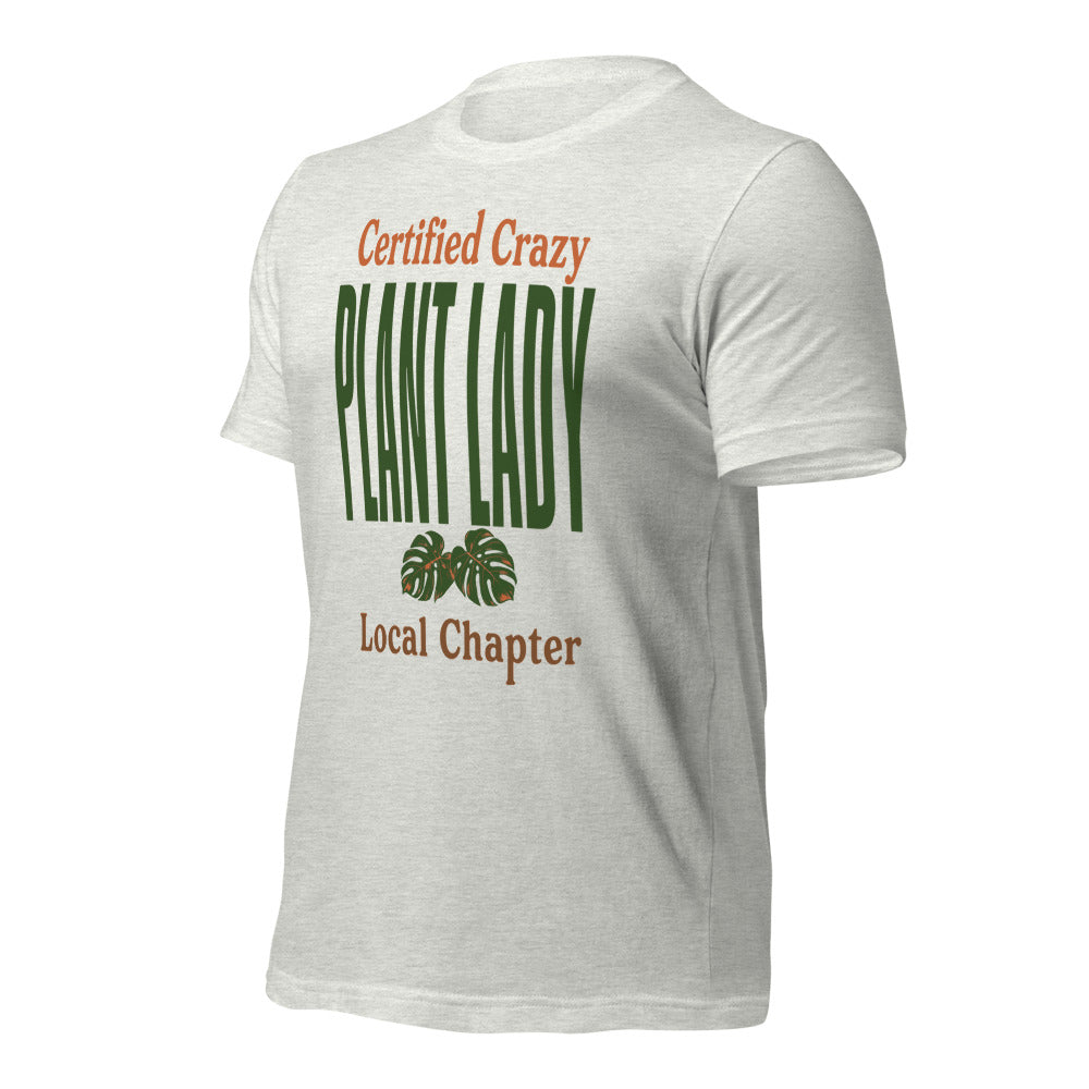 Certified Crazy Plant Lady retro botanical tee — Ash, front right