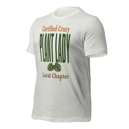 Certified Crazy Plant Lady retro botanical tee — Ash, front right