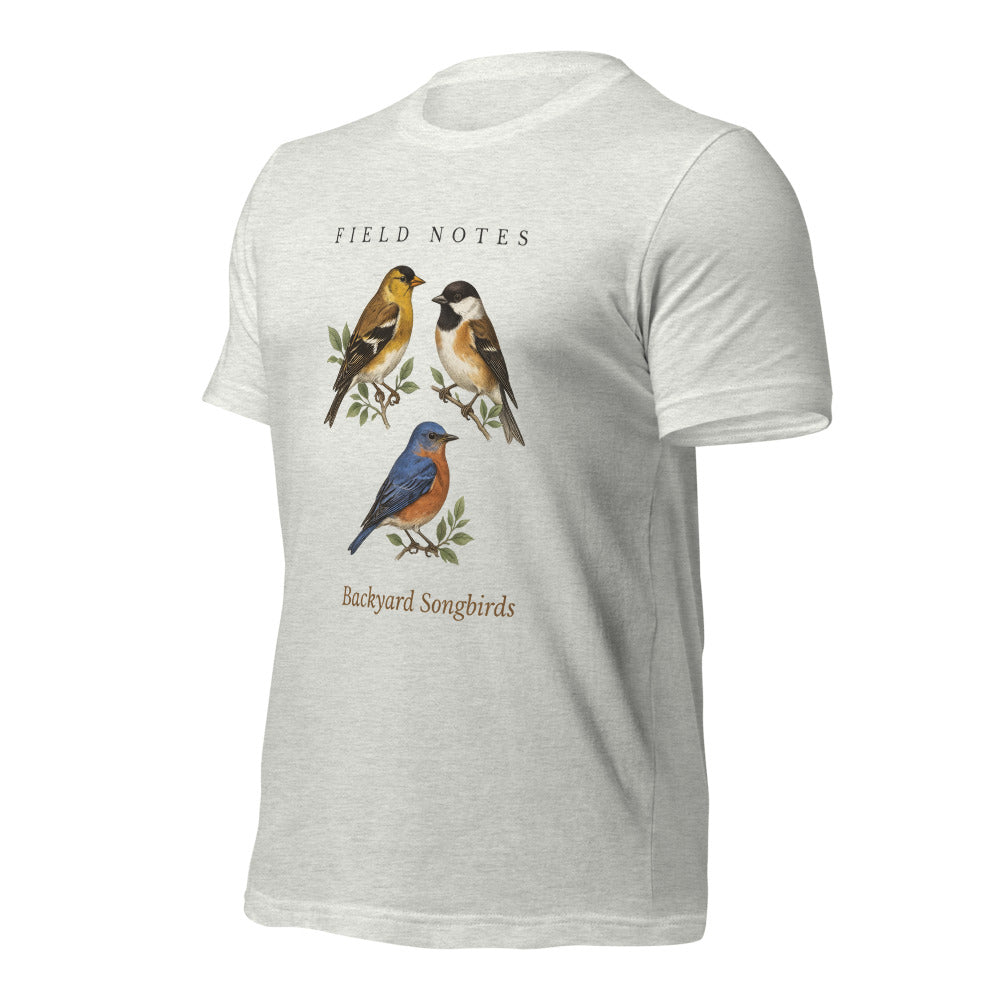 Backyard Songbirds vintage field-guide tee — Ash, front-right
