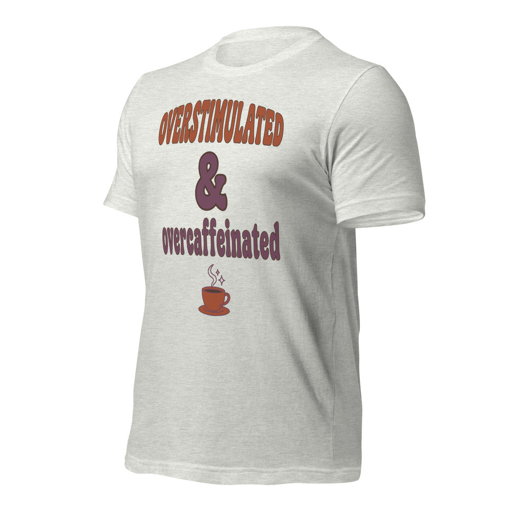 Overstimulated & Overcaffeinated soft retro coffee mental health tee — Ash, front-right