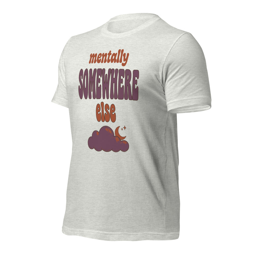 Mentally Somewhere Else soft retro daydream mental health tee — Ash, front-right