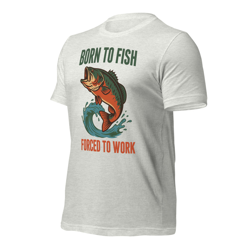 Born to Fish Forced to Work retro fishing humor tee — Ash, front-right